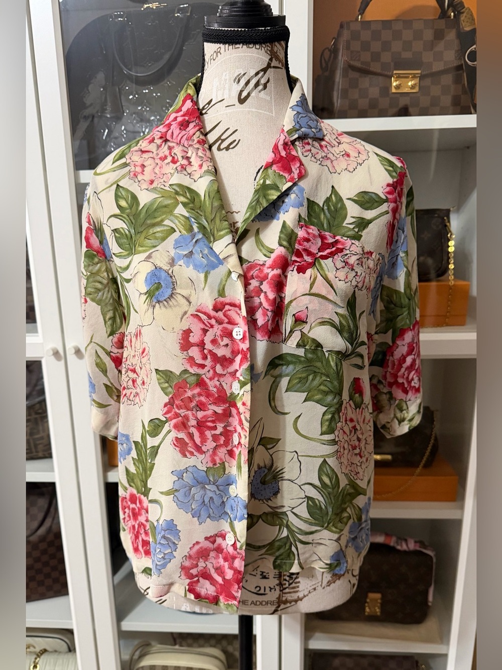 Floral Short-Sleeve Button Front Blouse in Cream with Pink & Blue Flowers